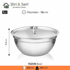 Stainless Steel Serving Tezon Bowl With Stainless Steel Lid Set Of 3 Pieces, Silver | 700ml+ 950ml+ 1500ml, Dishwasher Safe