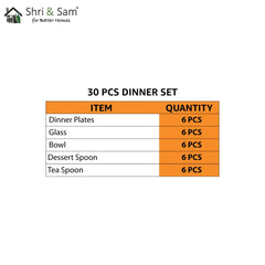 Stainless Steel Delight Dinner Set Of 30 Pieces, Silver | 6 Dinner Plates+ 6 Glasses+ 6 Bowls+ 6 Dessert Spoons+ 6 Tea Spoons