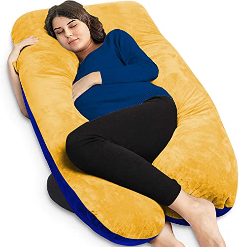U Shaped Pillow, Pregnancy Pillow For Maternity & Baby Nursing - Gold, Royal Blue | Pregnant Women Stomach, Spine, Neck Support, Velvet Outer Cover With Zip, Full Body Pillow, Adjustable
