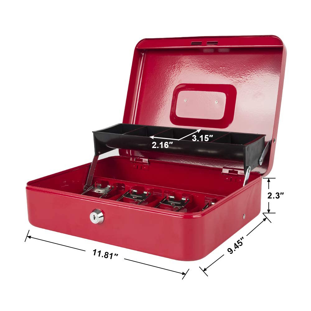 Locking Cash Box With Lock, Money Box With Cash Tray, Lock Safe Box With Key, Money Saving Organizer,11.81lx 9.45 Wx 3.54h Inches, Colour - Red Xl Large