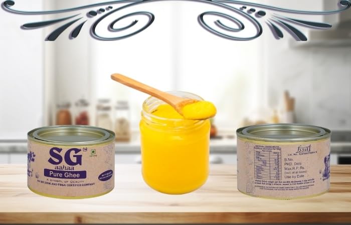 Pure Desi Cow Ghee By SG Aahaa | Rich Source Of Vitamin & Protein Fiber Pure Healthy Cow Ghee Perfect For Roast Makhana | (200ml) 6.7 Ounce | Tin Pack