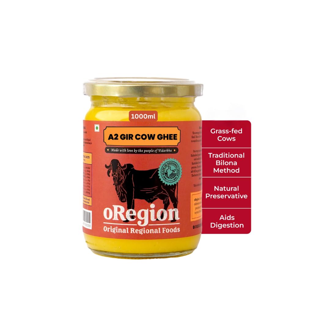 Premium A2 Gir Cow Ghee By oRegion | Delicious & Nutritious Healthy Desi Cow Ghee Good For Enhances Brain Function | (1 Litr) 33.8 Ounce | Jar Pack