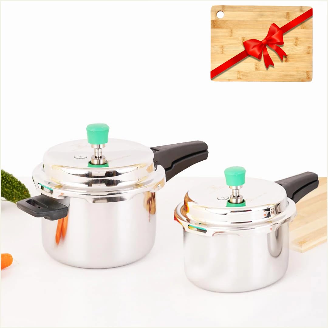 Triply Stainless Steel Pressure Cooker Outer Lid Combo + Free Wooden Chopping Board - 3 Ltr + 5 Ltr | Induction Friendly, ISI-Certified, Nonstick 3-Layer Body, 100% Pure & Toxin-Free