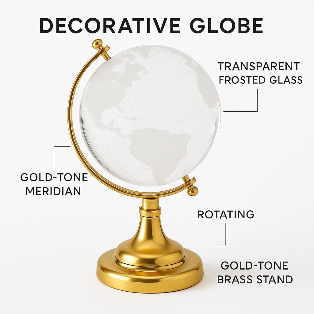 Luxury Crystal Globe With Golden Stand, For Desk Or Office Decor, Modern Decorative Glass Globe With Etched Continents (Gold & White) Medium, Pack Of 1