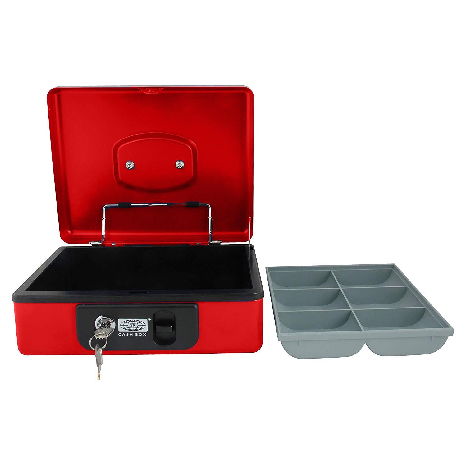 Imported Metal Cash Box With Dual Combination & Password Lock Large Size Money Box For Cash, Jewellery Safe Locker With Removable Plastic Coin Tray, Colour - Red, Material - Metal