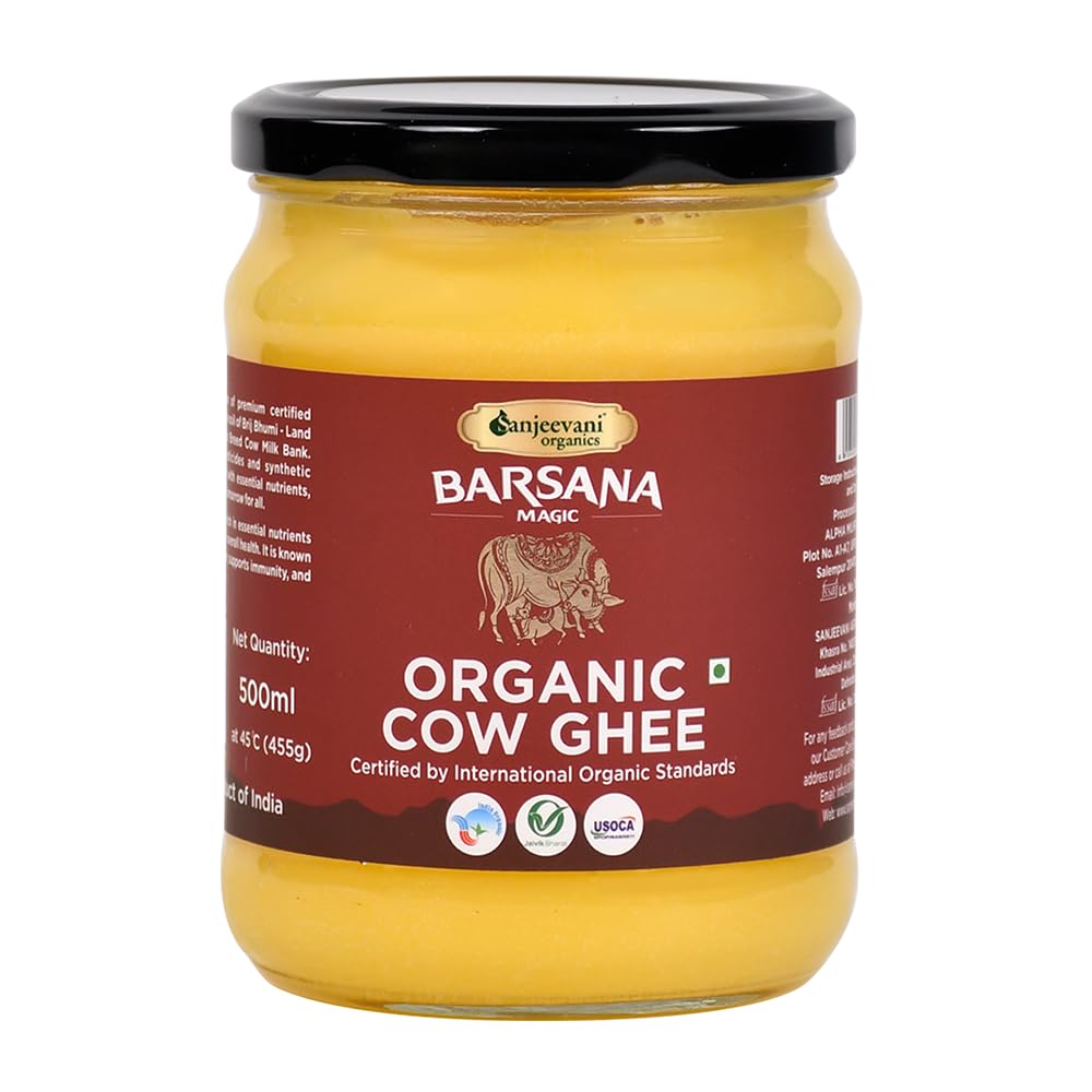 Natural Pure Barsana Magic Cow Ghee By Sanjeevani Organics | Rich In Nutrients & Protein Fiber Healthy Cow Ghee Supports Brain Health | (500ml) 16.9 Ounce | Jar Pack