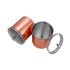 High Grade Stainless Steel Copper Coating Cantera Hammered Canister Set Of 2 Pcs With Glass Lid | Capacity - 700ml Each, Dia - 11 Cm Each