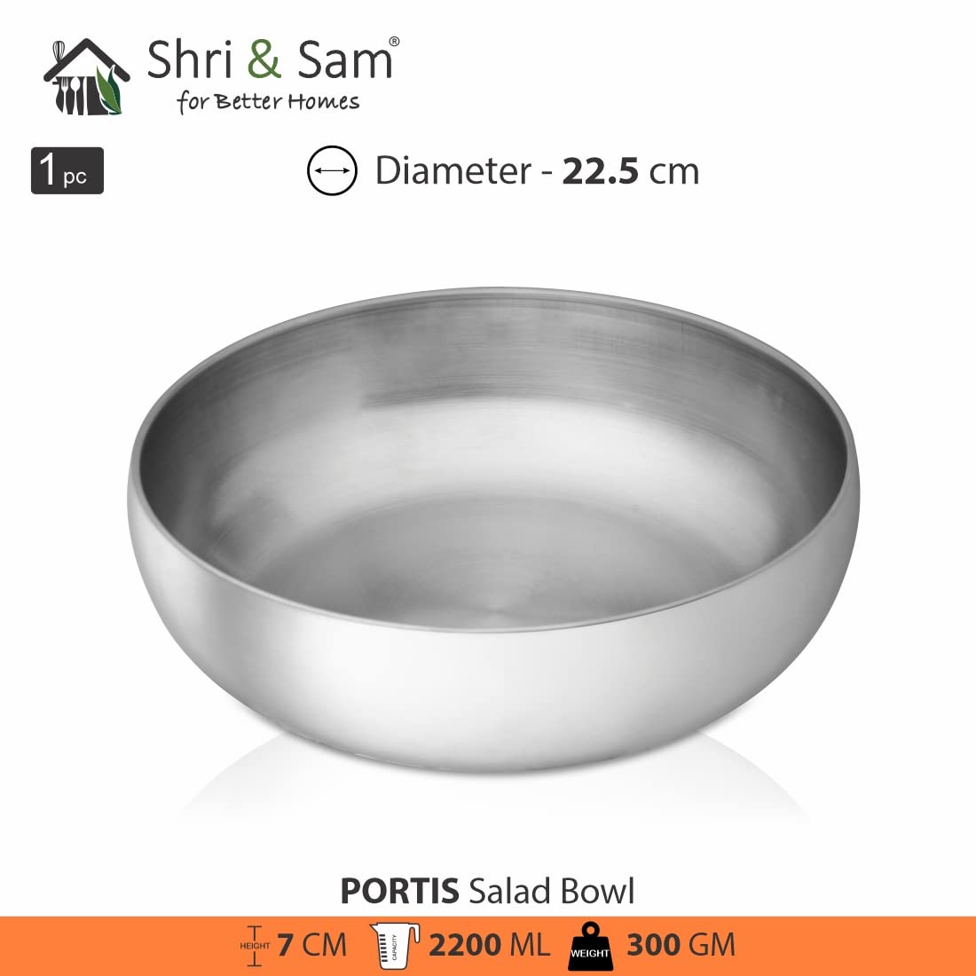 High Grade Stainless Steel Portis Salad Bowl 23 Cm - Silver, 2200ml | Stainless Steel Katora
