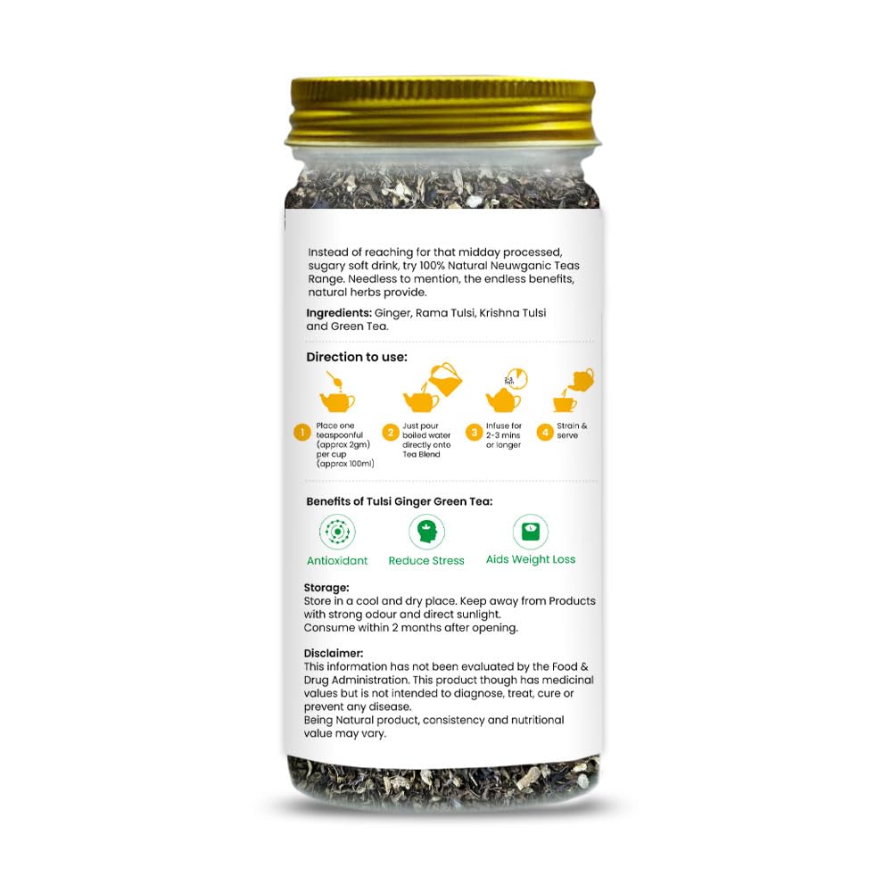 Neuwganic Tulsi Ginger Green Tea - 100gm, 3.5 Ounce, 50 Cups | Refreshing Blend Of Rama Tulsi, Ginger & Green Tea - Improves Digestion, Aids Weight Loss | Gluten Free, No Preservatives