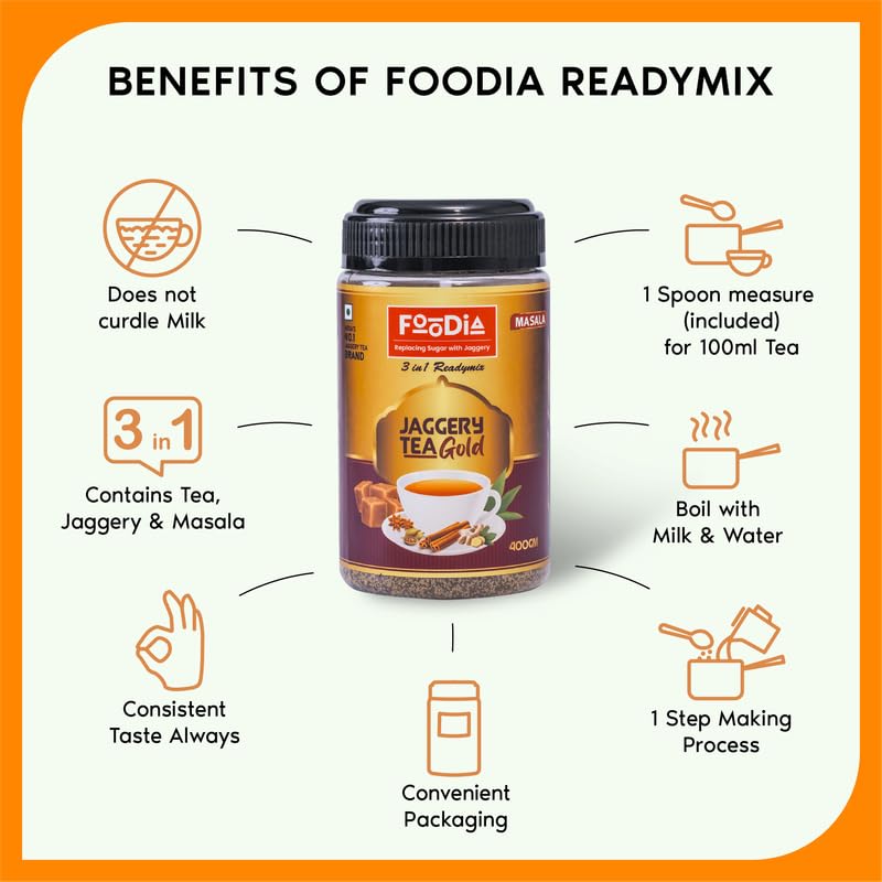 Foodia Gold Jaggery Masala Tea 3 In 1 Readymix - Pack Of 2 X 400gm, 14.1 Ounce Each | Premium Tea Mix With Jaggery, Masala Spices & Assam Tea - Premium Tea Masala Mix | Low Caffeine