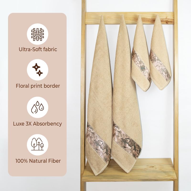 Rangoli 100% Cotton Fibre 2 Hand & 2 Bath Towels 1400 Gsm | Highly Durable & Absorbent With Printed Border | Quick Drying Towels (Beige) - Pack Of 4