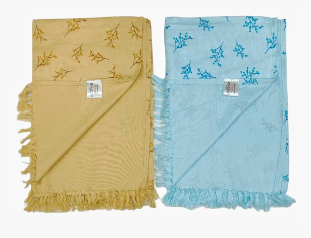 Bombay Dyeing Rimzim 100% Cotton Printed Soft & Slick Quick Drying Bath Towels 500 Gsm (Brown & Blue) - 2 Pcs