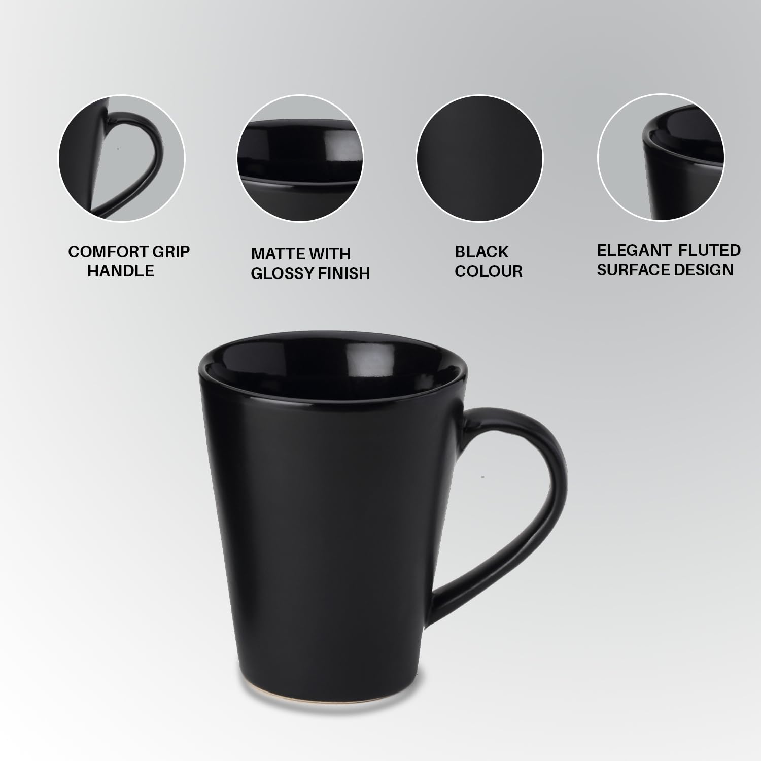 Ceramic Tea, Coffee Serving Mug Set Of 1 - Large, 350ml, Black | Ideal For Latte, Cappuccino, Hot Chocolate & Milk - Microwave & Dishwasher Safe | Matte & Glossy Finish