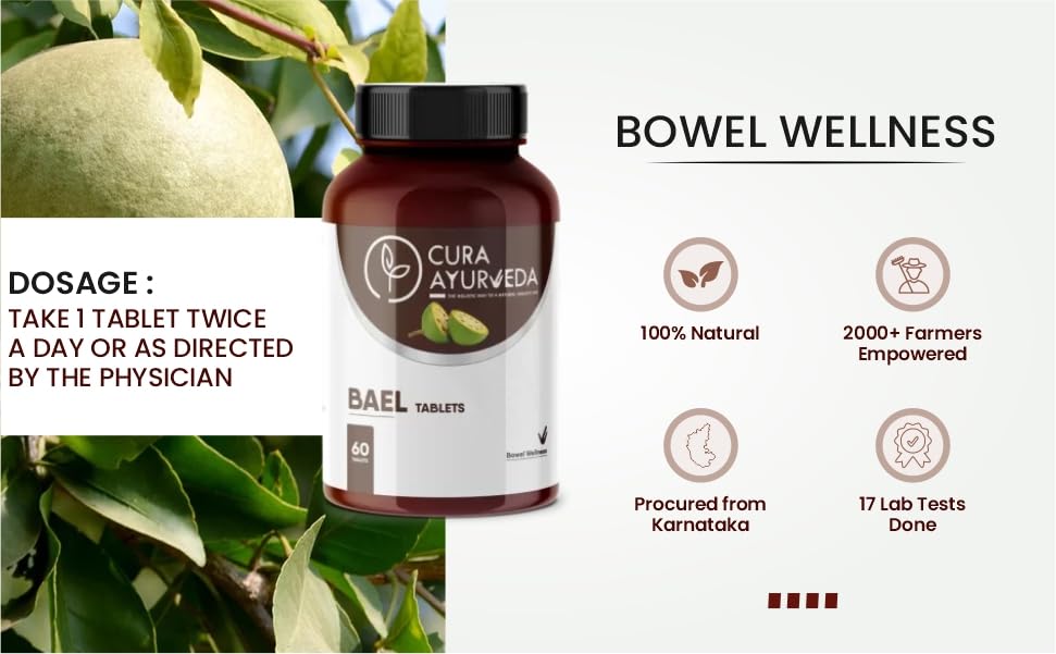 Cura Ayurveda Bowel Wellness Ayurvedic Bael Tablets, Healthy Skin, Digestion, Respiratory Support Medicine, Restore Balance, Alleviate Constipation | 60 Tablets 100gm 0.2lbs
