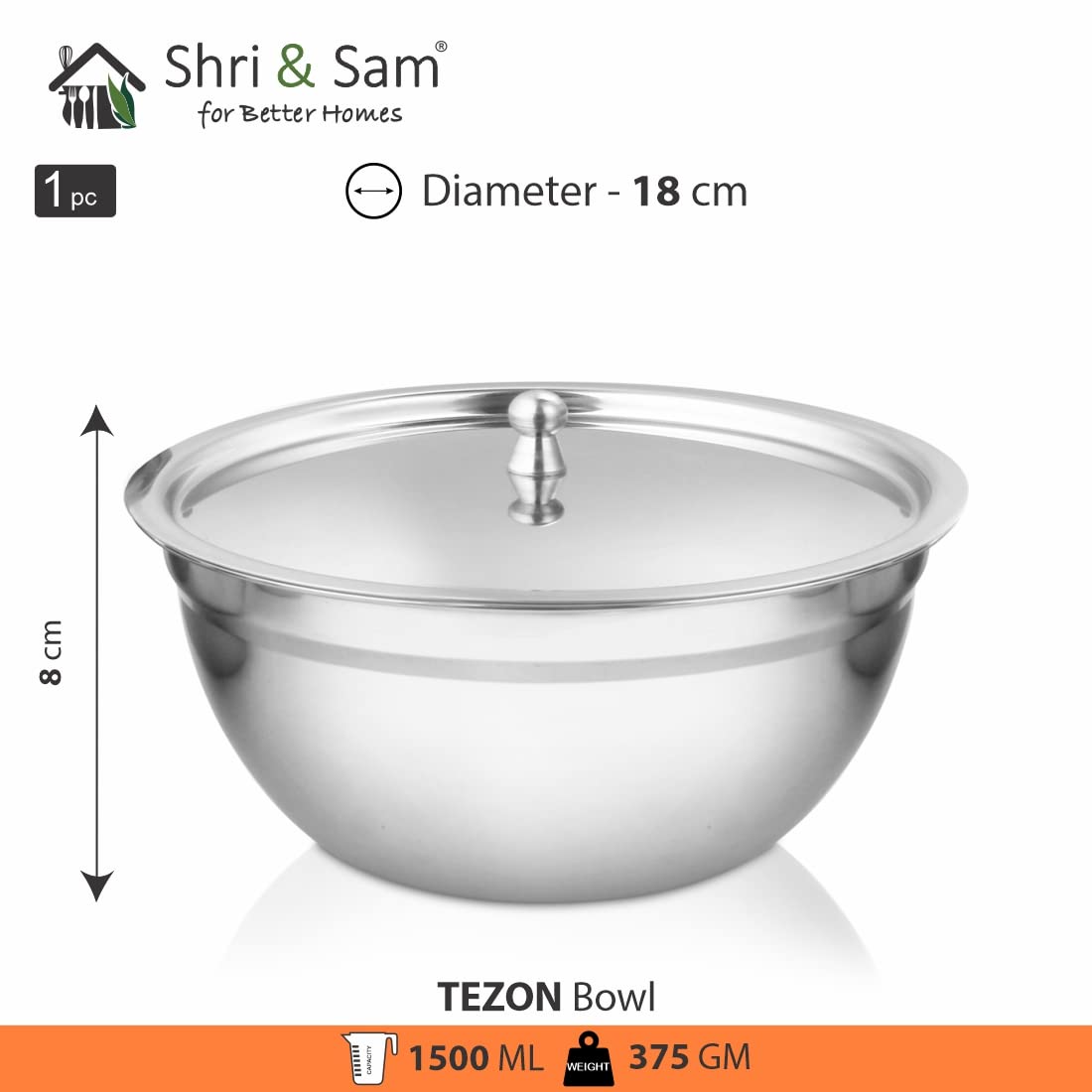 Stainless Steel Serving Tezon Bowl With Stainless Steel Lid Set Of 3 Pieces, Silver | 700ml+ 950ml+ 1500ml, Dishwasher Safe