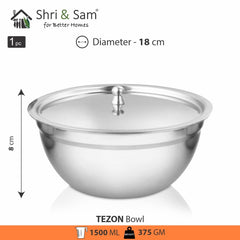 Stainless Steel Serving Tezon Bowl With Stainless Steel Lid Set Of 3 Pieces, Silver | 700ml+ 950ml+ 1500ml, Dishwasher Safe