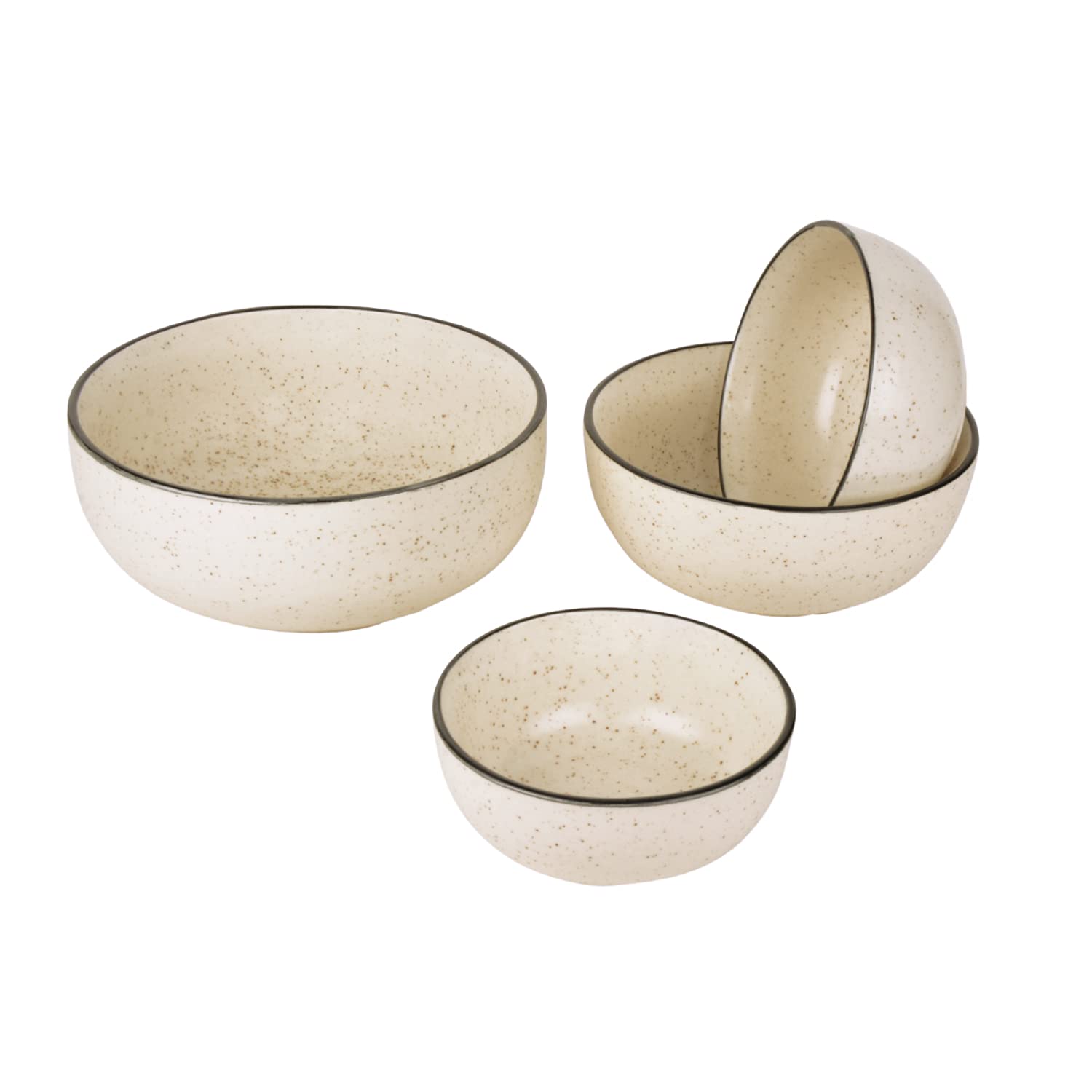 Handcrafted White Matt Dinner Serving Bowl Set Of 4 - 1200ml+650ml+450ml+300ml, White | Dinner Serving Donga Set - Stackable Kitchen Bowl Set