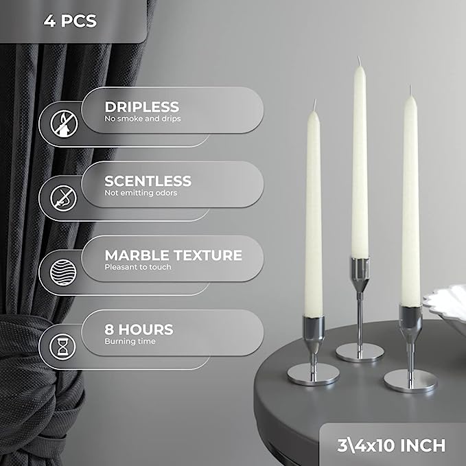IVORY TAPER CANDLES PACK OF 4 | BURNNG TIME 8 HOURS | PERFECT FOR NIGHT WEDDING