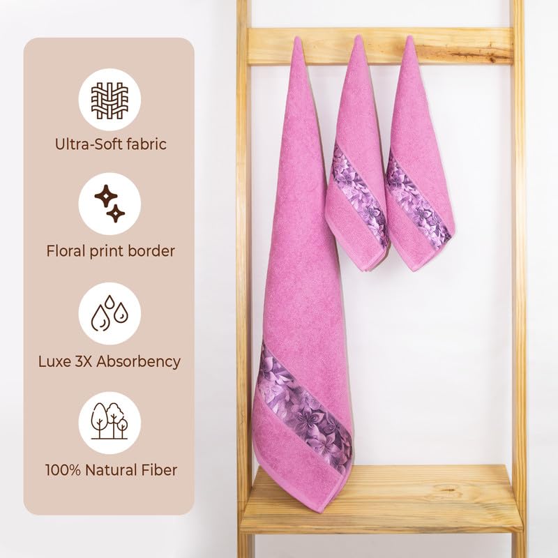 Rangoli 100% Cotton Fibre 1 Bath & 2 Hand Towels 900 Gsm | Highly Durable & Absorbent With Printed Border | Quick Drying Towels (Pink)