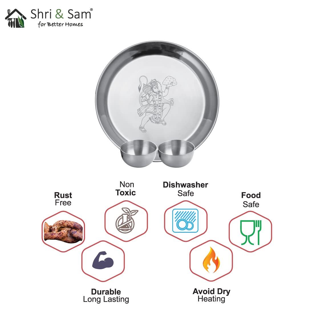 Stainless Steel Hanuman Ji Pooja Thali Set Of 3, Silver | 1 Pooja Thali+ 2 Katoris - Easy To Clean & Dishwasher Safe