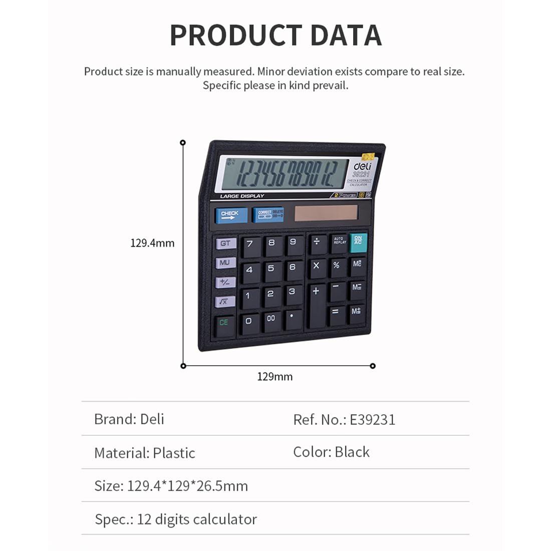 Deli W39231b Calculator 12 - Digit Display For Clear | 3 Years Warranty | With Steps Check And Correct Function - Black