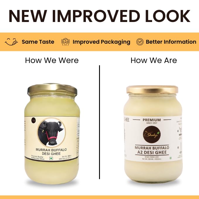 Pure Murrah Buffalo A2 Desi Ghee By Shahji | High In Protein Fiber & Nutrients Healthy Desi Ghee For Bakes Cookies | (500ml) 16.9 Ounce | Jar Pack