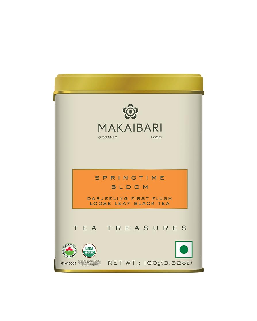 Makaibari Spring Time Bloom First Flush Black Tea - 100gm Tin Caddy, 3.5 Ounce | Darjeeling Loose Leaf Black Tea - USDA Organic Certified Tea | Medium Caffeine - Tea Treasures