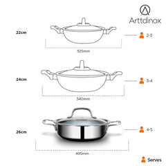 Stellar Stainless Steel Triply Kadhai With Lid - 22 Cm, 2.1 Liters | Etched Nonstick Kadai PTFE - Rivet Less Handles | Gas & Induction Base