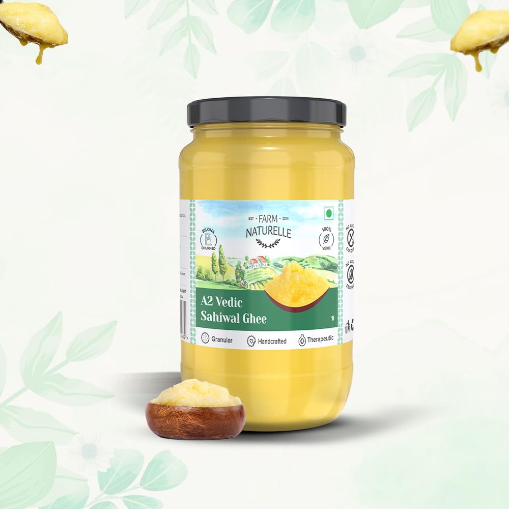 Organic Natural A2 Vedic Sahiwal Ghee By Farm Naturelle | Natural & Healthy Desi Cow Ghee Perfect For Overall Health | (500ml) 16.9 Ounce With Wooden Spoon (50ml) 1.6 Ounce | Jar Pack