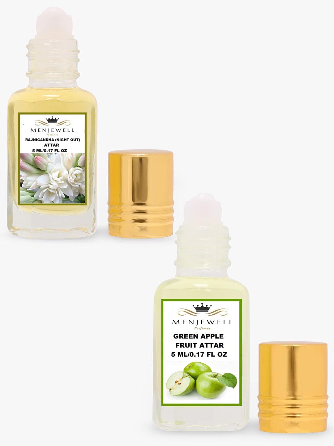 Menjewell Rajnigandha + Green Apple Fruit Attar Perfume 5ml 0.17 Fl.oz. Each Pack Of 2 | Unisex Fragrance | Alcohol Free