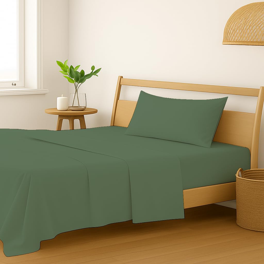 Plain Single Size Bedsheet With 1 Pillow Cover - 54 X 90 Inches, Green | Breathable & Skin-Friendly - Suitable For Use All Year Long | Ideal Gift For Weddings