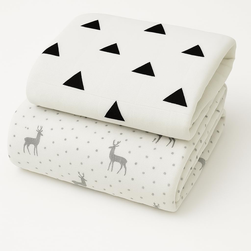 Organic Cotton Muslin Baby Bath Towel 200 Gsm | Cotton Cloth Premium Baby Washable Reusable, Absorbent, Extra Soft Deer & Triangle (White)- Pack Of 2