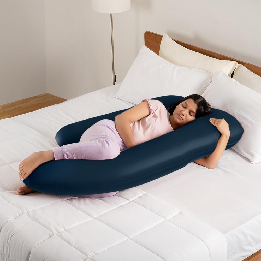 Pregnancy Pillow, G Shaped Pillow, Maternity Pillow For Sleeping - Navy Blue | 100% Cotton Pillow For Pregnant Mothers With Breathable & No Heat Fabric - Full Body Support For Better Sleep