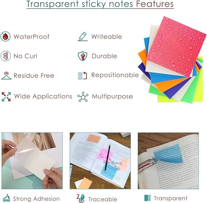 Transparent Self-Sticky Note Pads, Clear Notes, Transparent Self Adhesive Removable - 500 Pcs