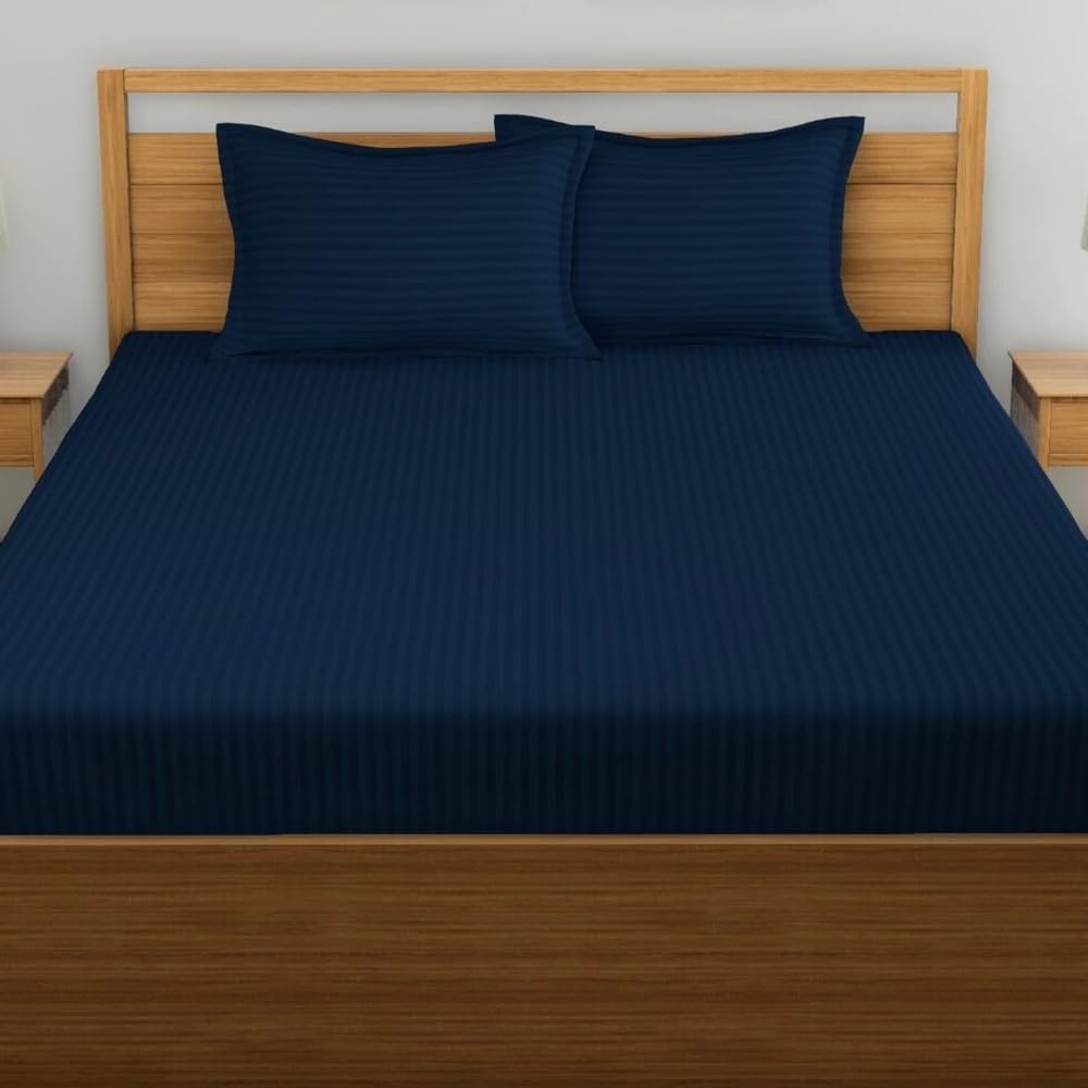 Elastic Fitted Bedsheet For Double Bed With Two Pillow Covers | King Size - 72 X 78 Inches, Navy Blue | Durable & Soft Fabric Offers Comfort