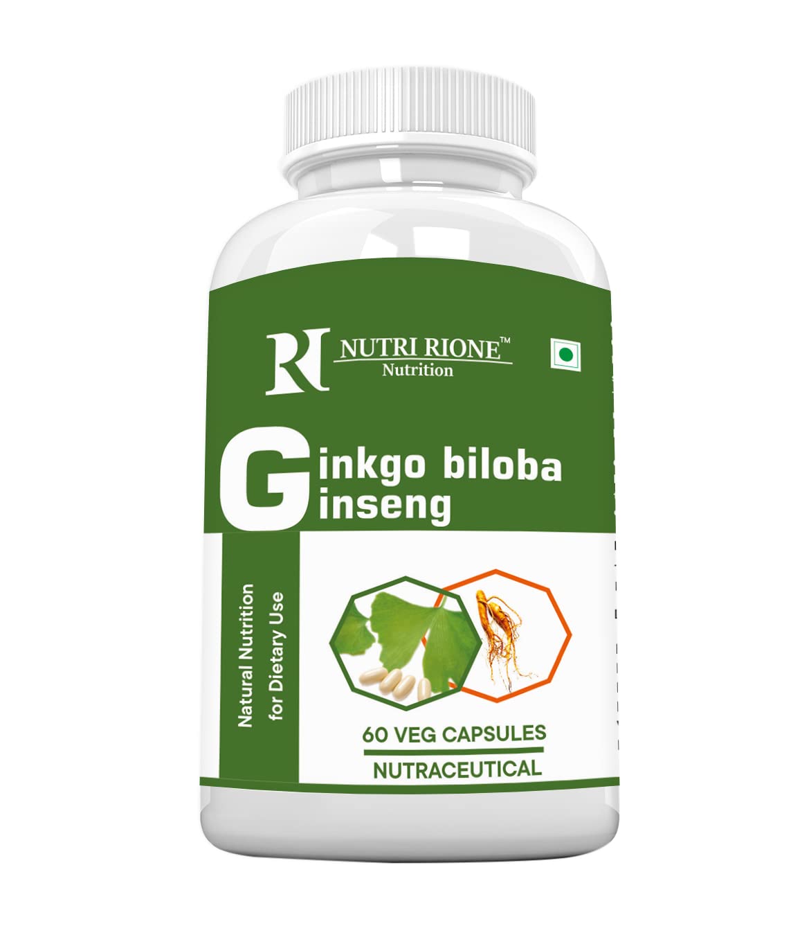 Nutri Rione Ginseng With Ginkgibiloba, Powerful Antioxidant Improves Immunity | 60 Veg Capsules 100gm 0.2lbs