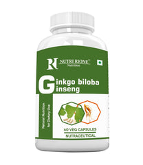 Nutri Rione Ginseng With Ginkgibiloba, Powerful Antioxidant Improves Immunity | 60 Veg Capsules 100gm 0.2lbs
