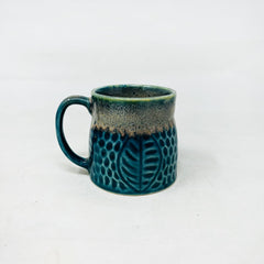 Teal Green Leaf Embossed Ceramic Coffee Mug Set Of 2 Pieces - 350ml Each | Studio Pottery Ceramic Mugs For Coffee, Tea, Milk - Microwave Safe & Leak Proof