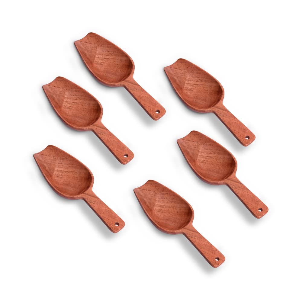 Hand Made Neem Wood Brown Scoop Spoon For Measuring Flour, Grains, Rice, Sugar - Set Of 6