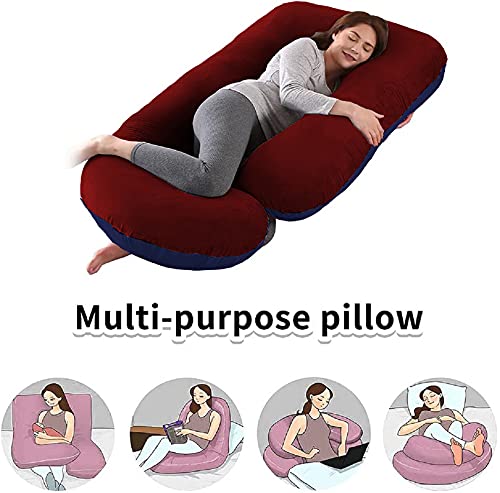 J Shaped Pillow, Pregnancy Pillow For Maternity & Baby Nursing - Dark Blue & Maroon | Pregnant Women Stomach, Spine, Neck Support, Velvet Outer Cover With Zip, Foldable, Multipurpose Use