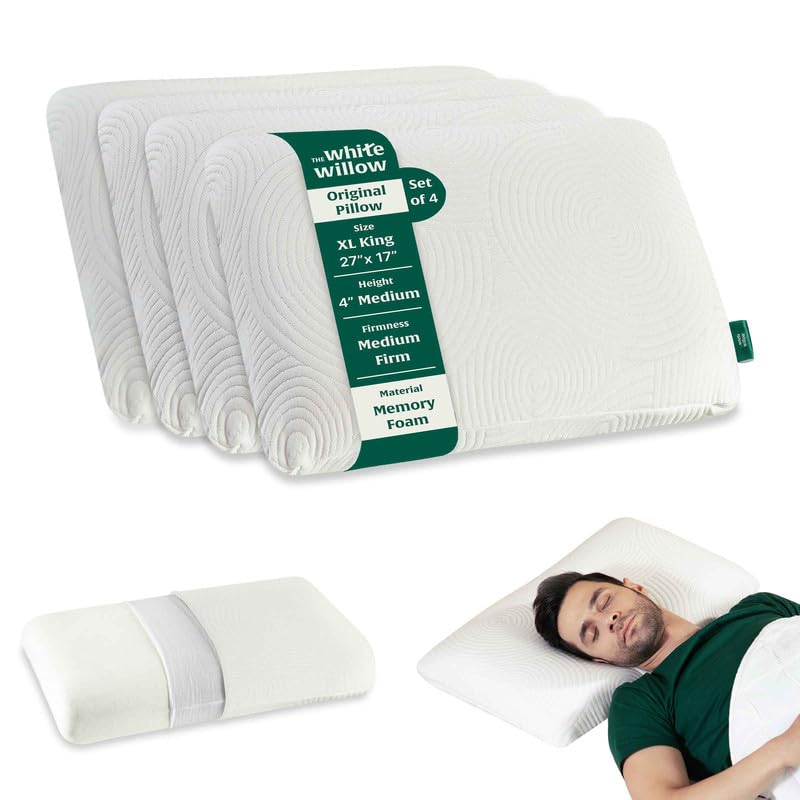 Memory Foam Pillow For Neck & Shoulder Pain Relief - Standard Size - 4 Inch | Cervical Pillow For Sleeping, Orthopedic Bed Pillow For Back, Side & Stomach Sleepers, Medium Firm - Set Of 4
