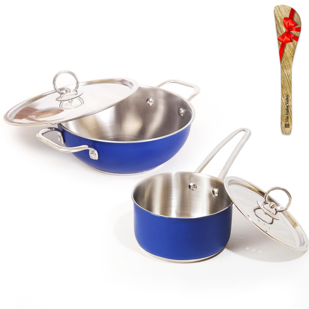 Stainless Steel Cookware Set + Free Wooden Spatula | Sauce Pan 18.7cm, 1.4 Liters + Kadai 23cm, 2.1 Liters | 3-Layer Bottom, 100% Toxin-Free, Naturally Non-Stick, Long Lasting