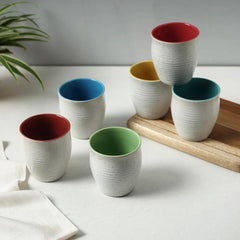 Handcrafted Matt Ceramic Tumblers Set Of 6 - White & Multicolor, 170ml Each | Tea Kulhads - Tea Glasses - Cutting Chai Glasses