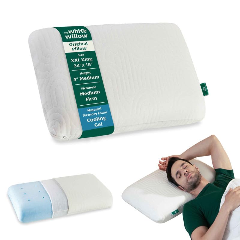Memory Foam Pillow For Neck & Shoulder Pain Relief, White - XXL King Size - 4 Inch | Cool Gel-Cervical Pillow For Sleeping, For Back, Side & Stomach Sleepers - Medium Firm, Washable Cover