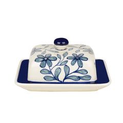 Hand Painted Ceramic Butter Dish With Lid - Blue & White, Height: 8 Cm | Butter Serving Set - Butter Container For 500 Gm