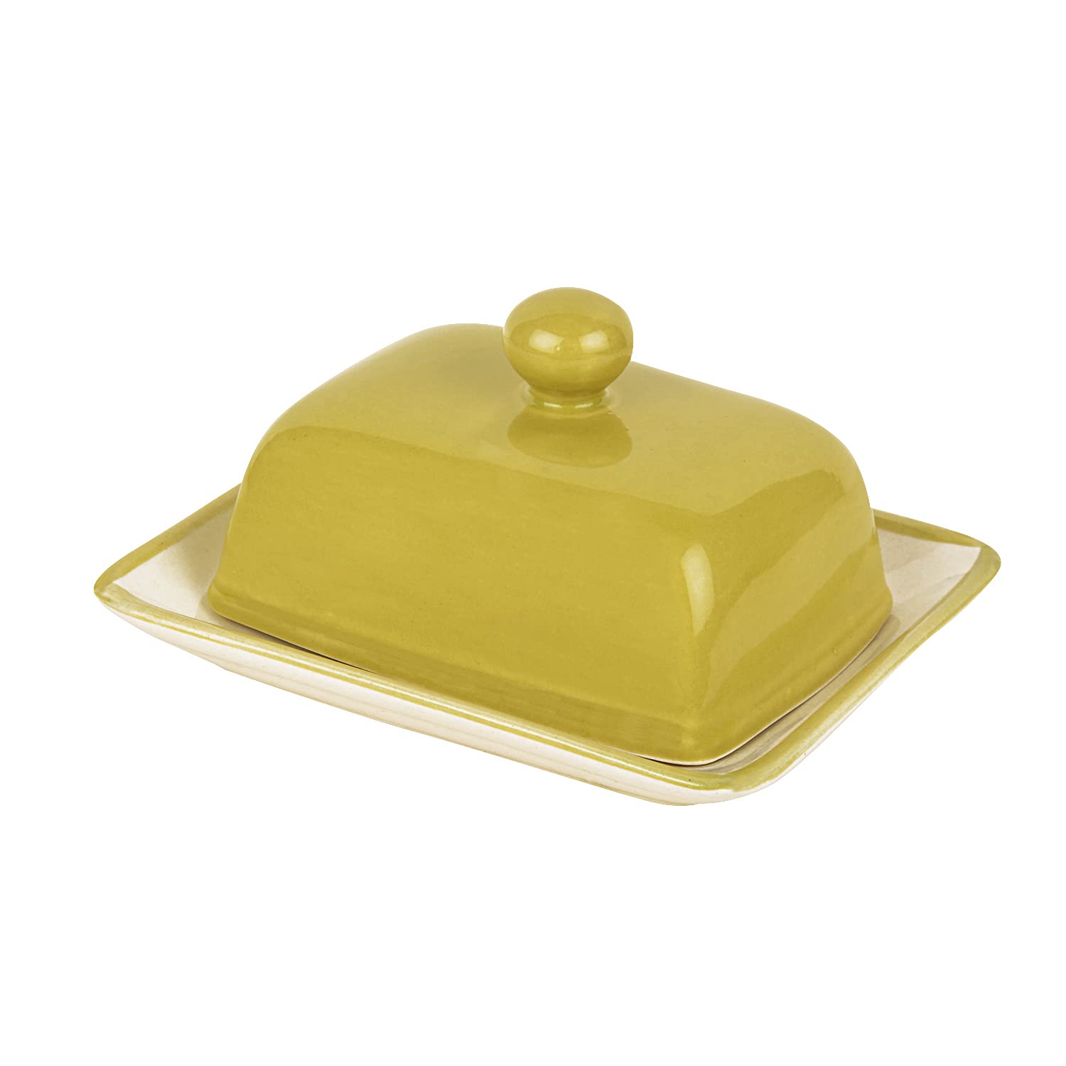 Glazed Ceramic Butter Dish With Lid - Lime Green, Height: 8 Cm | Butter Serving Set - Butter Container For 500 Gm