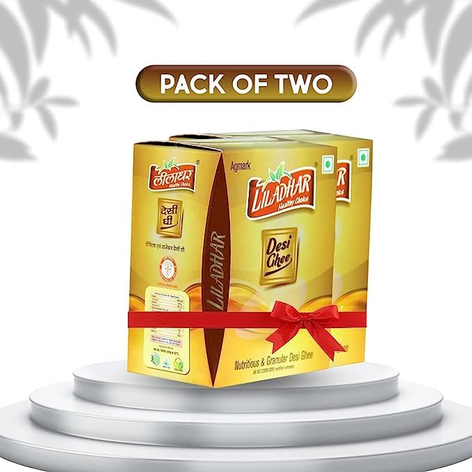100% Natural Desi Ghee By Liladhar | Delicious & Nutrients Protein Fiber Healthy Desi Ghee Good For Body Joint Pain | 2 Litre (1 Litre * 2) 67.6 Ounce | Box Pack