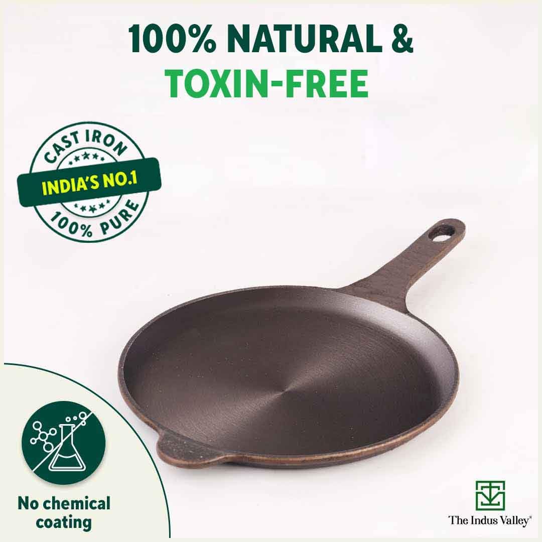 Super Smooth Black Cast Iron Shallow Fry Pan With Long Handle - Medium, 25.4cm, 10 Inch, 1.8 Kg | Induction Friendly, Nonstick Pre-Seasoned Fry Pan, 100% Pure & Toxin Free, No Chemical Coating