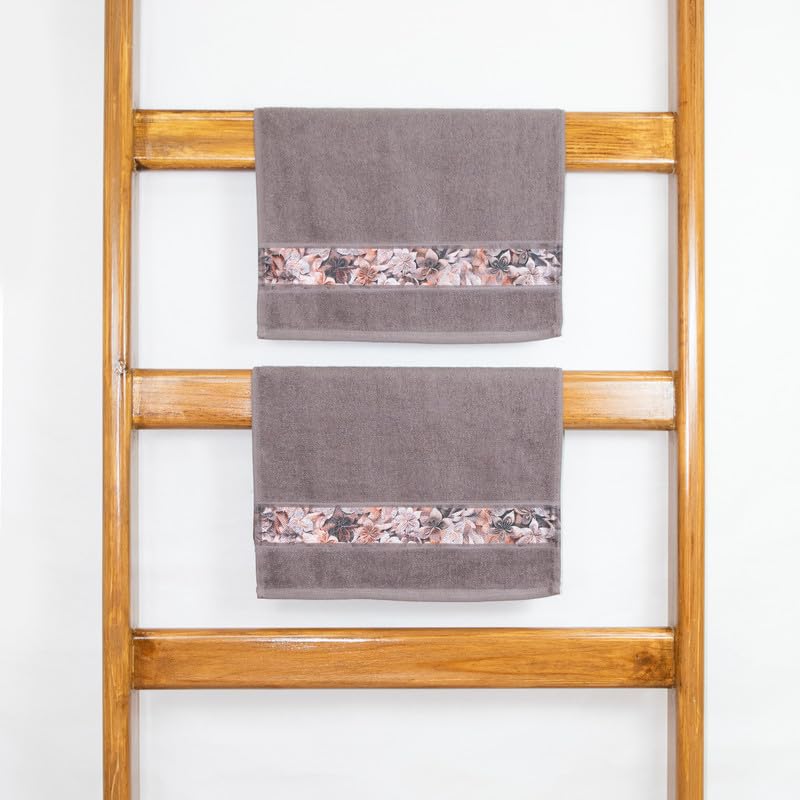 Rangoli 100% Cotton Fibre Hand Towels 440 Gsm | Highly Durable & Absorbent With Printed Border | Quick Drying Towels (Brown) - Pack Of 2