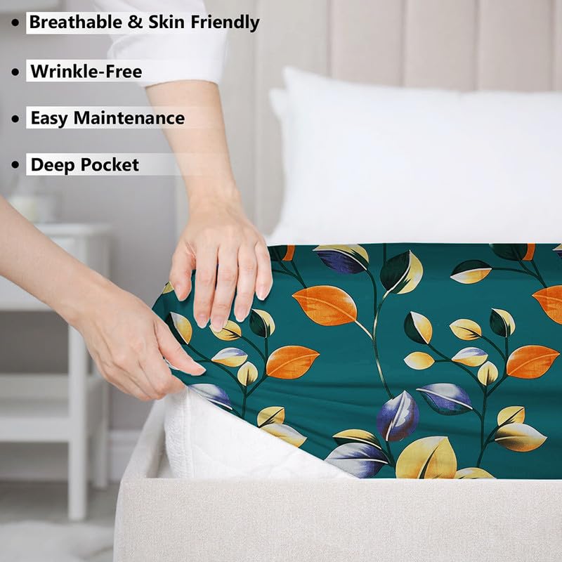 Cotton Elastic Fitted Bedsheets With 2 Pillow Covers Double Bed All Around Elastic Sheet Leaf Print | 72 X 78 +10 Inches, Dark Green-Breathable & Skin-Friendly Bedsheet